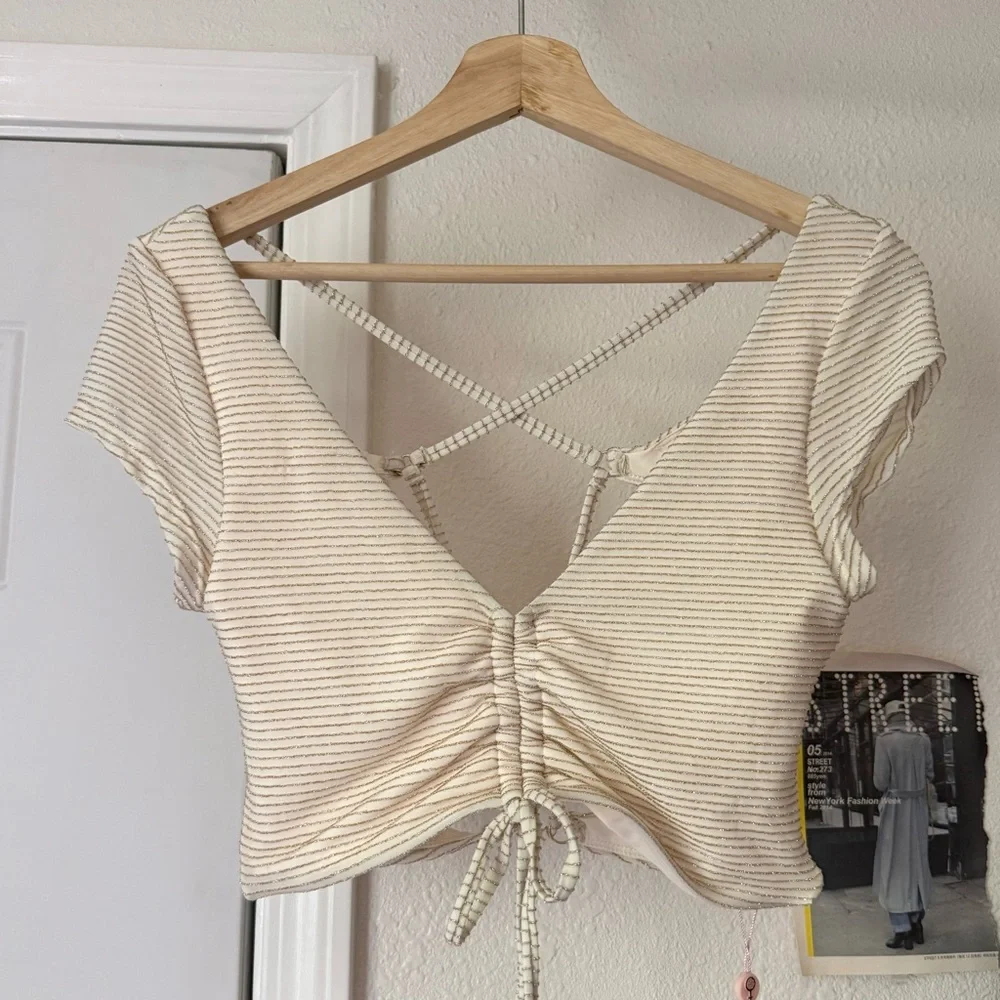 NWT P2F Gold cream metallic striped lace up‎ cropped swim top